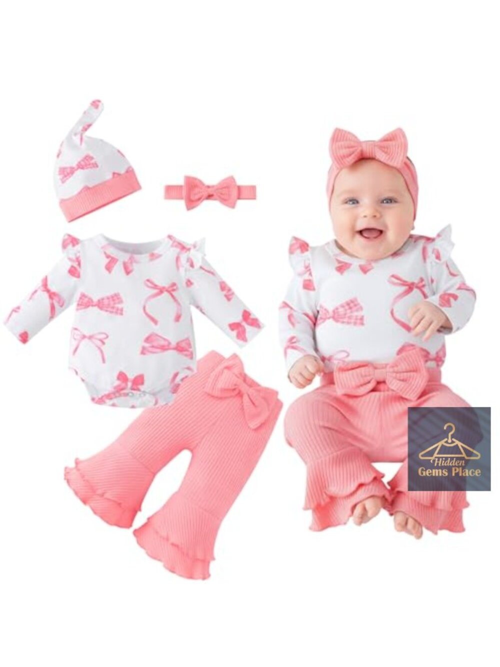 Preemie Newborn Baby Girl Outfit Set Romper Bell Bottoms Pants Bow Headband Hat